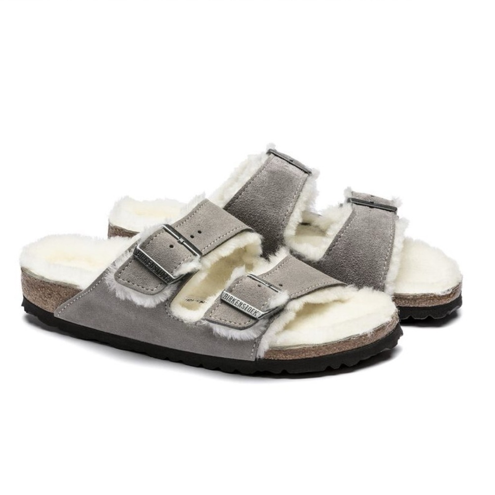 Birkenstock Arizona Shearling Suede Leather in Stone Coin Grey Size EU 38 7-7.5